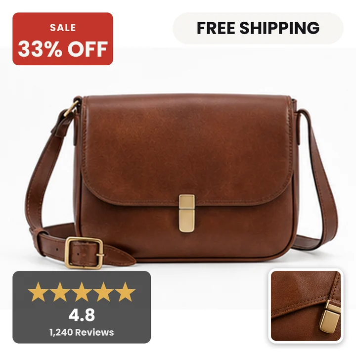 The same bag as a Convinci card: a 33 percent off badge top left, a shipping badge top right, a 4.8 star rating panel bottom left and a second product shot inset bottom right