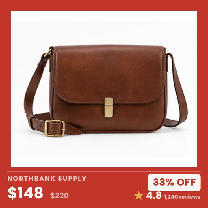 The same bag rendered as a Framed card: the photograph inset on a mat in the store's colour, with the store name over the sale price and the old price struck through