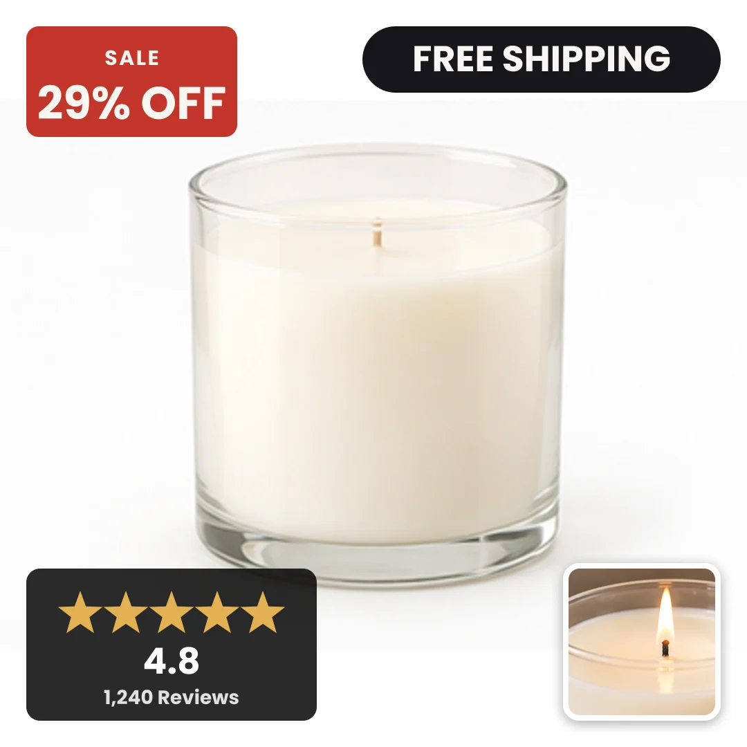 A soy candle as a Convinci card, with a discount badge, a shipping badge, a star rating panel and a second product shot inset