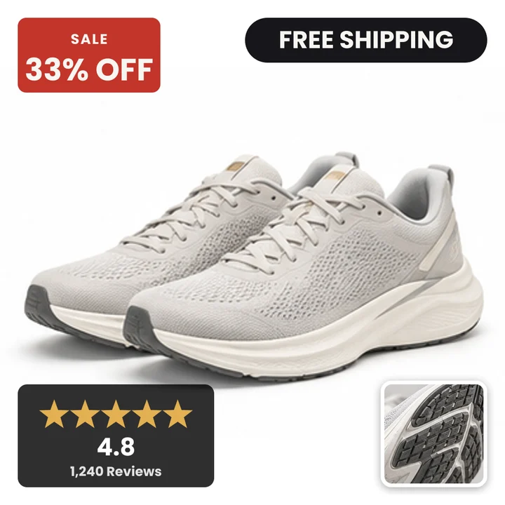 The same running shoe as a Bold Sale card: a 33 percent off badge top left, a free shipping pill top right, a 4.8 star rating panel bottom left and a second product shot inset bottom right