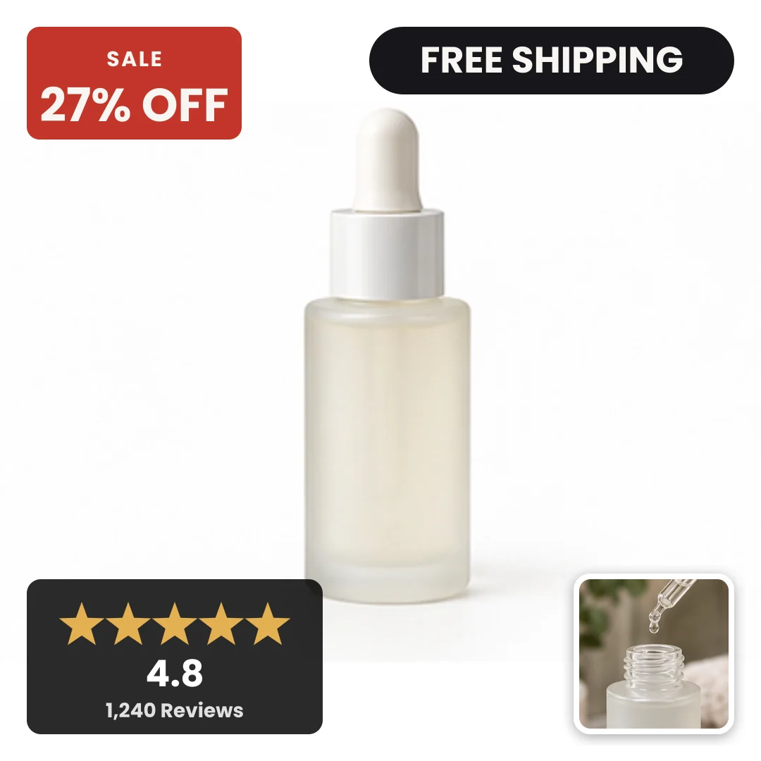A face serum bottle as a Convinci card, with a discount badge, a shipping badge, a star rating panel and a second product shot inset